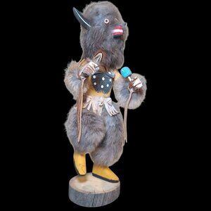 Kachina Doll Buffalo Mask RB Vintage Native Folk Art Indian Fur Wood 12 Inch